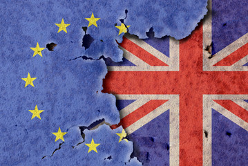British and European flags on an old rusty metal wall. Brexit background