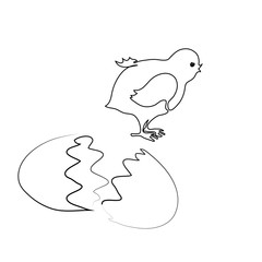 Vector outline drawing of a chicken hatched from an egg. 2 halves of the eggshell with a black line. Easter picture.