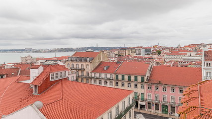 Obraz premium Lisbon aerial cityscape skyline timelapse from viewpoint of St. Jorge Castle, Portugal.