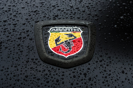 BERLIN - MAY 13, 2017: Emblem of a car Abarth in raindrops. Exhibition "Oldtimertage Berlin-Brandenburg".
