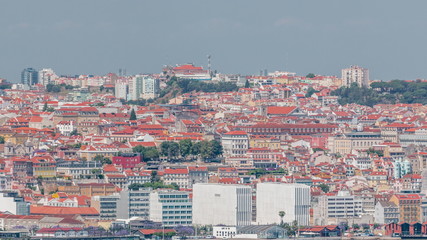 Panorama of Lisbon historical centre aerial timelapse viewed from above the southern margin of the Tagus or Tejo River.
