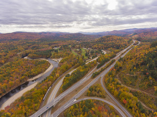 Interstate Highway 93 at Exit 30 with US Route 3 and Pemigewasset River in White Mountain National...