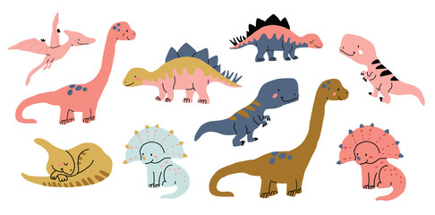 Cute dinosaurs doodles set isolated on white - obrazy, fototapety, plakaty