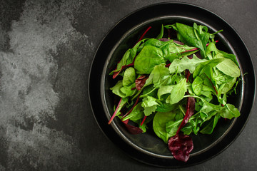 Healthy salad, leaves mix (mix micro greens, arugula, onion, other ingredients). food background. copy space
