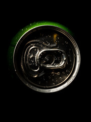 aluminum soda and beer beverage can with water droplets isolated on dark background, metal can, recyclable product