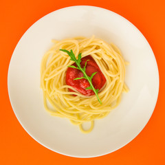 pasta, spaghetti or bucatini (ingredients, serving portion of food ). menu concept. food background. copy space. Top view