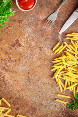 pasta penne and sauce (set of ingredients) menu concept. top food background. copy space