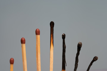 burnt and unburnt matchsticks on grey background