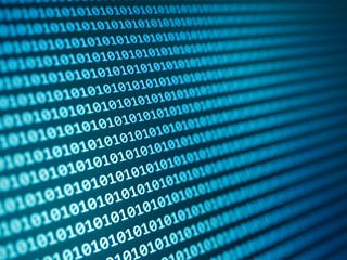 Blue binary code on computer screen texture background.