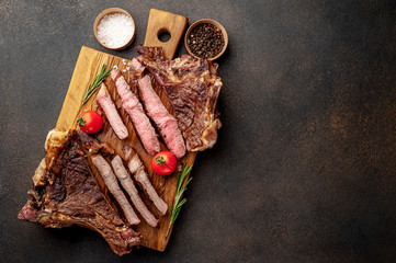 two grilled steaks with spices, with two types of frying with copy space for your text