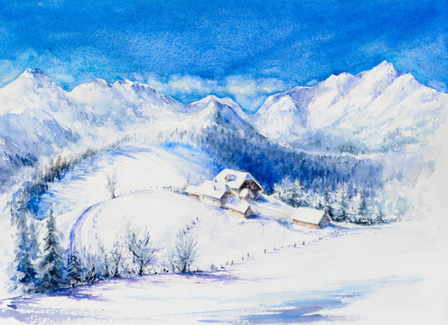 Winter mountain landscape with wooden houses and blue sky. Picture created with watercolors.