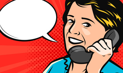 Beautiful young woman speaks on the phone. Vector illustration in style comic pop art