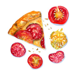 Watercolor flatlay composition of pepperoni pizza on white