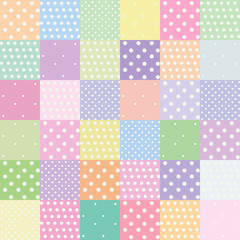 Seamless light multi-colored vector retro pattern of light colored patch squares with small white round dots.