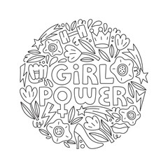 Girl power- vector hand drawn lettering with female symbols in doodle style. Feminism concept. Round illustration for cards and banners isolated on white background.