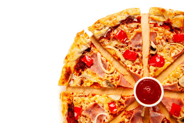 Sliced pizza with ham on white background
