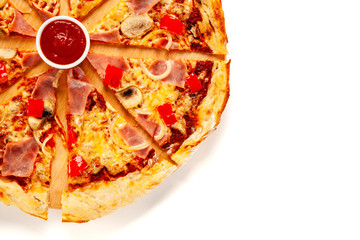 Sliced pizza with ham on white background