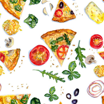 Hand drawn watercolor seamless pattern with vegetarian pizza on white