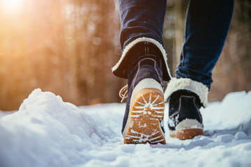 Girl is walking on snow, wintertime, cut out