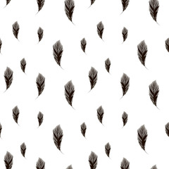 Seamless light vector background with simple contours of vertical black feathers on a white background.