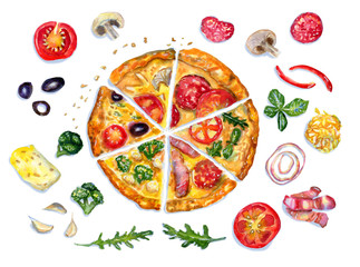 Watercolor flatlay composition with pizza and ingredients on white
