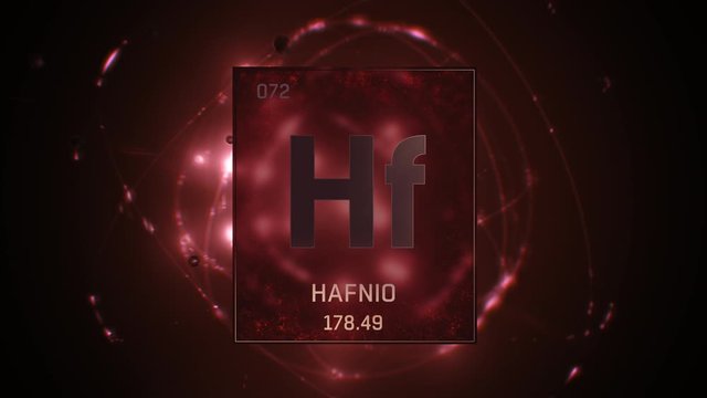 Hafnium as Element 72 of the Periodic Table. Seamlessly looping 3D animation on red illuminated atom design background with orbiting electrons. Name, atomic weight, element number in Spanish language
