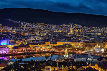 Bergen city view in Christmas time. Norway.