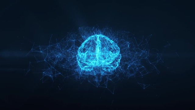 Conceptual 3D animation of Digital Brain hologram with AI Artificial Intelligence or Deep Data machine. Learning virtual neural network technology. Scientific technology motion background. Loop 4k