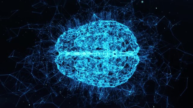 Conceptual 3D animation of Digital Brain hologram with AI Artificial Intelligence or Deep Data machine. Learning virtual neural network technology. Scientific technology motion background. Loop 4k