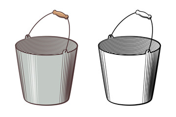 Empty metallic bucket with handle. Stylized vector illustration. Outline and colored version © vil1605