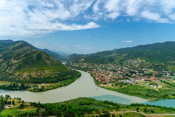 Mtshkheta, confluence of Kura and Aragvi River and Old Town with Svetitskhoveli Cathedral seen from Jvari Church
