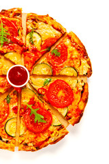 Sliced margherita pizza on white background