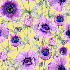 Beautiful anemone flower with green leaves on yellow background.  Seamless floral pattern. Watercolor painting. Hand drawn and painted illustration