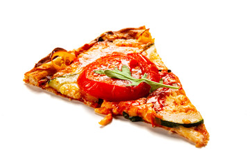 Sliced margherita pizza on white background