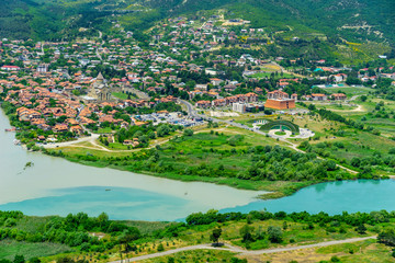 The Top View Of Mtskheta, Georgia, The Old Town Lies At The Confluence Of The Rivers Mtkvari And Aragvi. Svetitskhoveli Cathedral, Ancient Georgian Orthodox Church