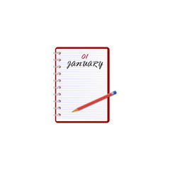 1 january inscription  in notebook. New year day vector icon on white isolated background.