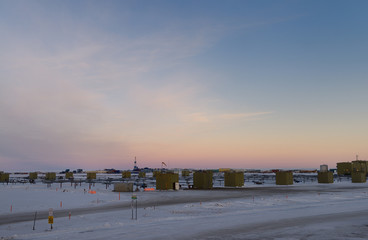 Oil wells at dawn in Deadhorse Prudhoe Bay Beaufort Sea Arctic Ocean Alaska