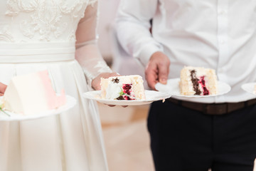 Piece of wedding cake in the hands of the bride and groom