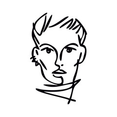 Portrait of a girl. Black line drawing. Laconic stylized image. Beautiful girl, woman.