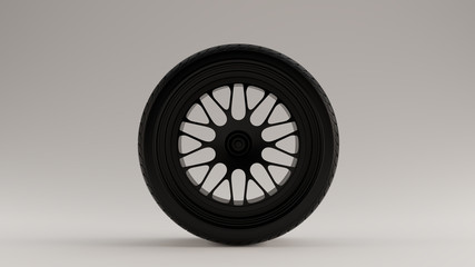 Matte Black Alloy Rim Wheel with a Complex Multi Star Spoke Pattern Open Wheel Design with Racing Tyre 3d illustration 3d render