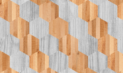 Brown and white wooden wall with hexagonal pattern. Light wood texture for background.
