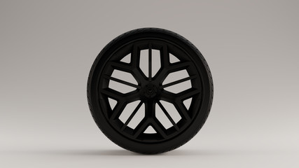 Matte Black Alloy Rim Wheel with a Multi 5 Spoke Geometric Open Wheel Design with Racing Tyre 3d illustration 3d render