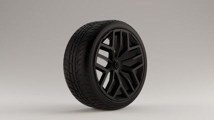 Matte Black Alloy Rim Wheel with a Multi 5 Spoke Geometric Open Wheel Design with Racing Tyre 3d illustration 3d render