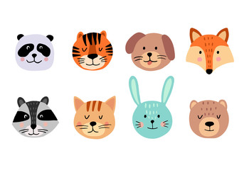 Cute animal hand drawn faces set on white background. Cartoon characters of bear, cat, bunny, fox, raccoon, tiger, dog, panda. Perfect for baby or kid design. Vector illustration