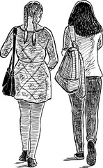 Sketch of students girls walking down street on summer day