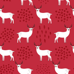 Seamless hand-drawn pattern with forest animal deer on dark background. Scandinavian design style. Vector illustration