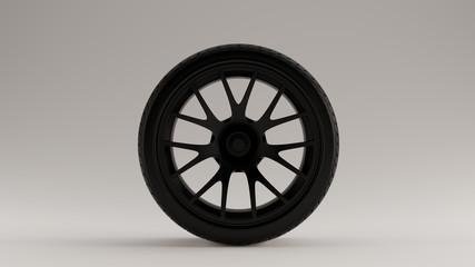 Obraz premium Matte Black Alloy Rim Wheel with a Complex 14 Spoke Offset Open Wheel Design with Racing Tyre 3d illustration 3d render