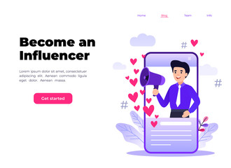 Flat vector style illustration with characters - influencer marketing concept - blogger promotion services, goods for followers online. Social media influencer shouting in megaphone from smartphone.