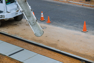Cement mixer truck transport with pouring concrete.