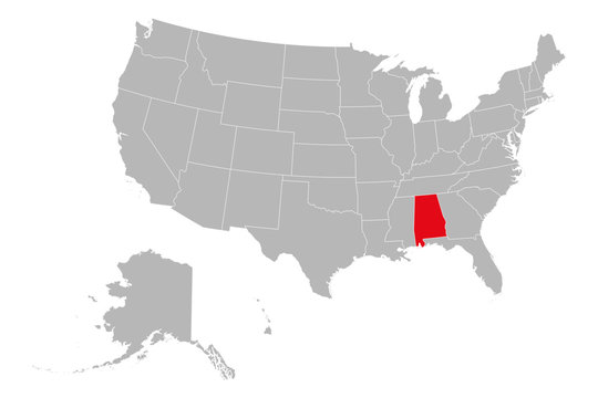 US state alabama highlighted red vector illustration. Gray background. United states political map.
